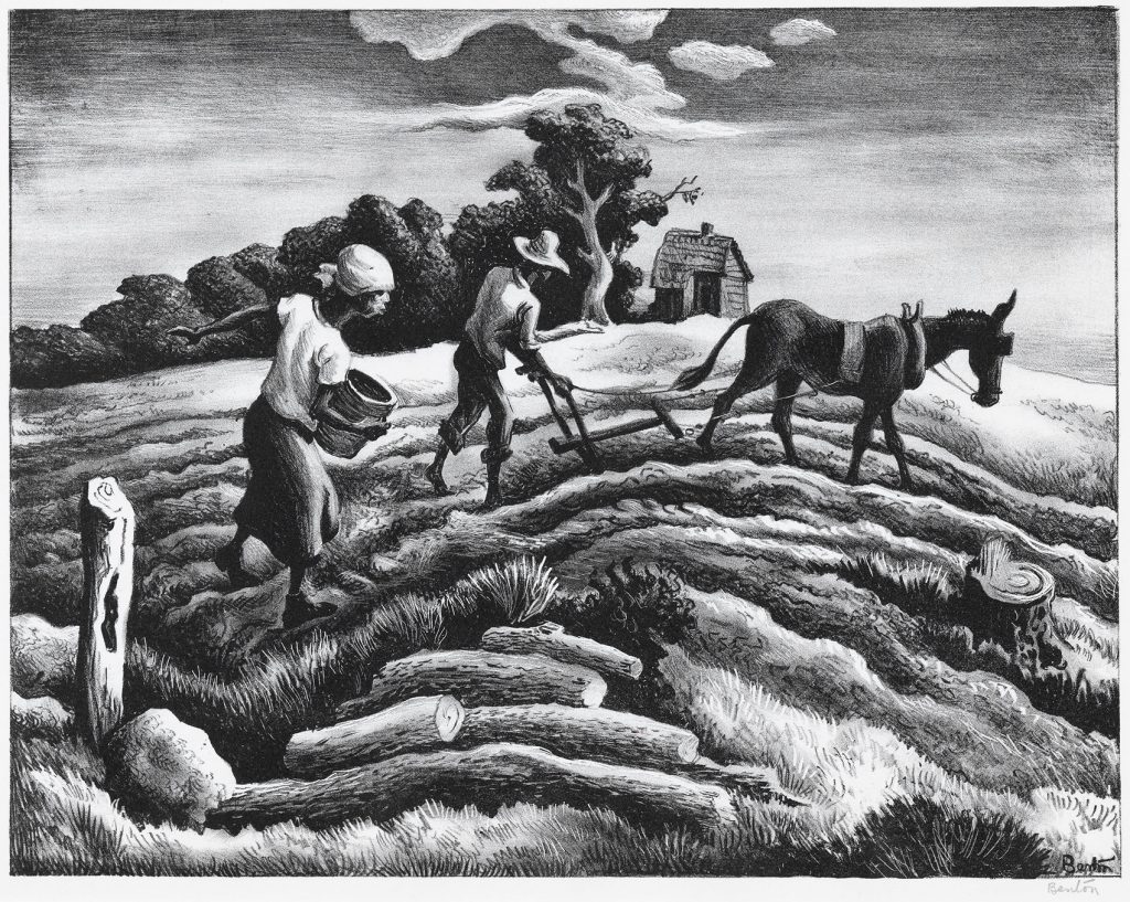 A black and white print of a man with a donkey-drawn plough and a woman working a wavy field with a small house and trees in the background. 