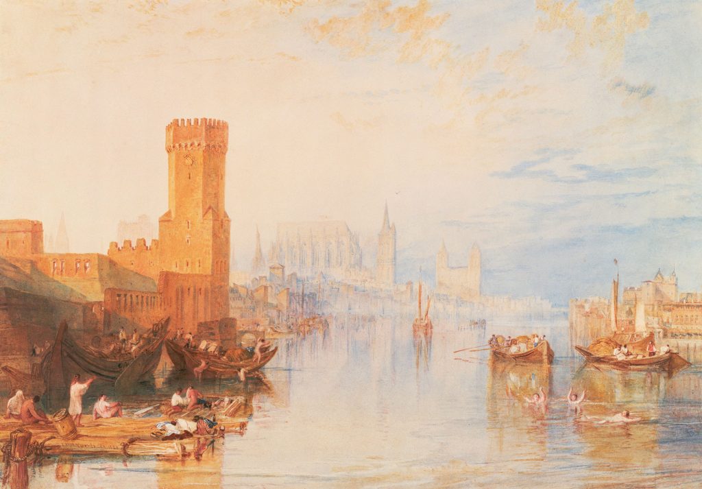 A mostly tan and beige colored watercolor painting of water and stone buildings with several rowboats and people in the water, on boats, and on a dock.