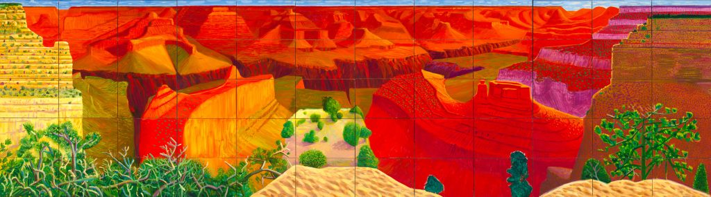 A painting of the Grand Canyon similar to the view in the exhibition, but with smaller yellow and vegetation sections, more crevices between sections, and a large rusty red front on the purple section on the right side. 