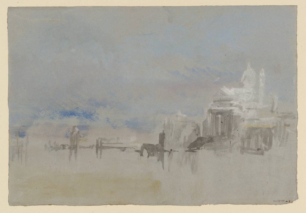 A loose painting of water, sky, and a row of buildings across the middle. Much of the painting is medium grey, with tan water, blue sky, and a large white and grey domed church. 