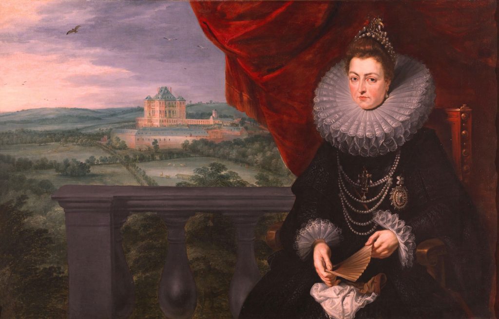 A painting of Archduchess Isabella, dressed elegantly in black with a large white collar, seated in the foreground on the right with a landscape and palace in the background.