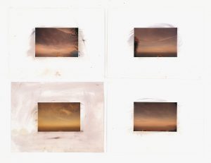A collection of eight photographs, each with water, an expansive sky, and Mount Vesuvius in the far distance, as portrayed in the painting.