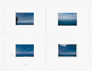 A collection of eight photographs, each with water, an expansive sky, and Mount Vesuvius in the far distance, as portrayed in the painting.