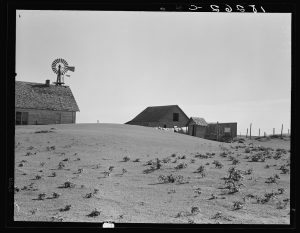 Dust Bowl farm. Coldwater District, near Dalhart, Texas. This farm is occupied. Others in this area have been abandoned., 1938, Dorothea Lange, American, 1895-1965, silver gelatin print, 4x5 in., Farm Security Administration - Office of War Information Photograph Collection, Library of Congress Prints and Photographs Division, LC-DIG-fsa-8b32406