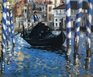 A painting of a man steering a gondola on bright blue reflective water, with blue and white striped posts on the right and left side and buildings lining the background of the top third.