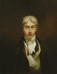 A painting of Turner in front of a medium brown background. He is elegantly dressed in a cream vest and dark brown jacket with a white cravat.